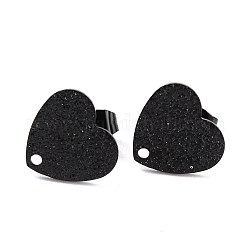 Accessoires de puces d'oreilles en 304 acier inoxydable, avec poussoirs d'oreilles / fermoirs de boucles d'oreilles et trou, forme de coeur avec texturé, électrophorèse noir, 12x13x1mm, pin: 0.8 mm
