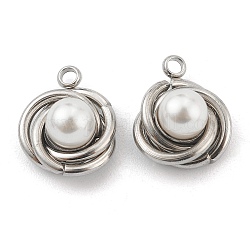 304 charms in acciaio inox, con perle di plastica bianca imitazione perla, vortice, colore acciaio inossidabile, 14x12x7mm, Foro: 1.6 mm