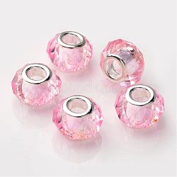 Rondell Handarbeit Kristall Perlen passen europäischen Charme Armbänder, Großloch perlen, Platin Farbe Messingkern, rosa, 14x10 mm, Bohrung: 5 mm