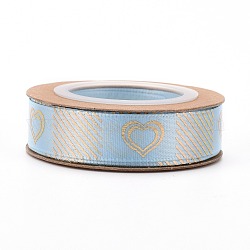 Polyester Ribbons, Single Face Golden Hot Stamping, for Gifts Wrapping, Party Decoration, Heart Pattern, Light Sky Blue, 5/8 inch(17mm), 10yards/roll(9.14m/roll)