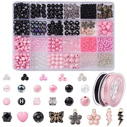 Kit de fabrication de bracelets de bricolage, y compris les perles de rocaille en acrylique et en verre, fil élastique, Pendentifs d'émail en alliage, papillon et coeur et éclair et cube, rose, 3~20x0.8~14.5x0.8~9mm, Trou: 1~2mm