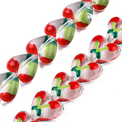 Brins de perles acryliques transparentes, avec l'émail, coeur avec cerise, rouge, 15x17x8.5mm, Trou: 1.5mm, Environ 35 pcs/chapelet, 19.09 pouce (48.5 cm)