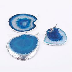 Gros pendentifs en agate naturelle, avec les accessoires en laiton, pépites, couleur argentée, Dodger bleu, 59~91x32~65x3~6mm, Trou: 5x7mm