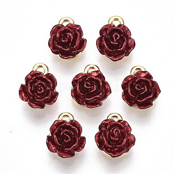 Rack Plating Alloy Charms, with ABS Plastic, Cadmium Free & Lead Free, Rose Flower with Letter K, Dark Red, Light Gold, 10.5~11.5x8.5x5mm, Hole: 1.4mm