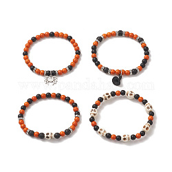 4Pcs 4 Style Dyed Natural & Synthetic Mixed Gemstone Skull Beaded Stretch Bracelets Set, Spider & Witch Hat Alloy Charms Stackable Bracelets for Halloween, Mixed Color, Inner Diameter: 2-3/8 inch(6cm), 1Pc/style