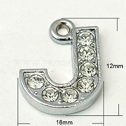 Breloque pendentifs de lettre M en alliage avec strass, Grade a, couleur platine, cristal, 16~18x12~17x2mm, Trou: 1mm