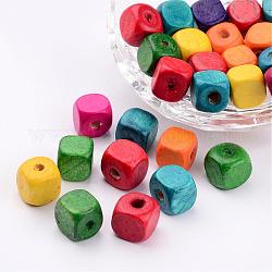 Mixed Lead Free Cube Natural Wood Beads, Dyed, 10mm, hole: about 3.5mm