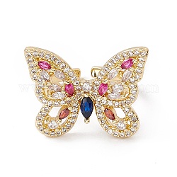Colorful Cubic Zircon Butterfly Open Cuff Ring, Rack Plating Brass Jewelry for Women, Cadmium Free & Nickel Free & Lead Free, Real 18K Gold Plated, US Size 6 3/4(17.1mm)
