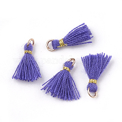 Décorations pendentif pompon en polycoton (coton polyester), mini pompon, avec des accessoires en fer et cordon métallique, or clair, support violet, 10~15x2~3mm, Trou: 1.5mm