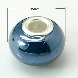 Handgemachte Porzellan europäischen Perlen, mit silberner Farbe Messing-Doppelkerne, Rondell, marineblau, 15x10~11 mm, Bohrung: 5 mm