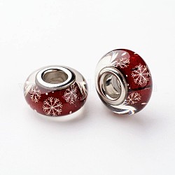 Cmолы европейские шарики, Новогодняя тема, бусины с большими отверстиями в форме шайбы, с снежинкой узором и латунными двойными ядрами, платина, темно-красный, 14x8 мм, отверстие : 5 мм