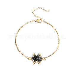 Bracelet à maillons étoiles en perles de rocaille de verre avec chaînes câblées en acier inoxydable doré, noir, 7-7/8 pouce (20 cm)