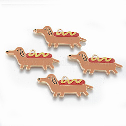 Alloy Enamel Pendants, Cadmium Free & Lead Free, Dog with Hot Dog, Light Gold, Sienna, 17.5x37.5x1.5mm, Hole: 2mm