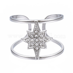 304 Stainless Steel Star Open Cuff Ring with Rhinestone, Hollow Chunky Ring for Women, Stainless Steel Color, US Size 7 3/4(17.9mm)