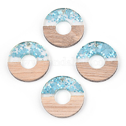 Pendentifs en résine transparente et bois blanc, Breloques disque donut/pi avec paillettes, lumière bleu ciel, 28x3.5mm, Trou: 2mm