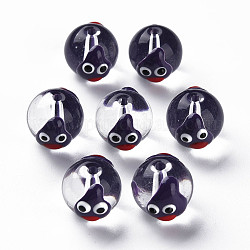 Transparent Glass Enamel Beads, Round with Cartoon, Indigo, 13.5~14x12~12.5x11.5mm, Hole: 1.6~2mm