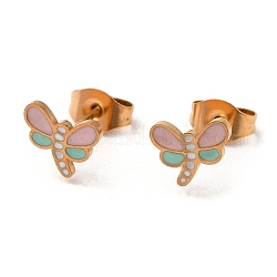 Ion Plating(IP) 304 Stainless Steel Stud Earrings with Colorful Enamel, Dragonfly Shape, Real 18K Gold Plated, 6x8mm