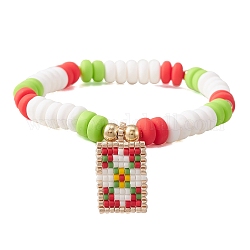 Bracelets extensibles en perles d'argile polymère faits à la main pour femmes, perles de rocaille métier à tisser motif rectangle pendentif bracelets, Noël, fleur, diamètre intérieur: 2-1/8 pouce (5.3 cm)