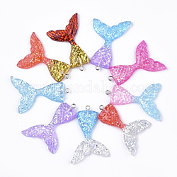 Resin Pendants, with Glitter Powder and Iron Findings, Mermaid Tail Shape, Platinum, Mixed Color, 46x30x6mm, Hole: 2mm