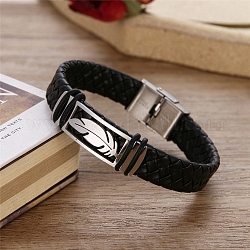 Bracelets de corde tressée en cuir, bracelet en acier inoxydable avec boucle, feuille, 8-5/8 pouce (22 cm)