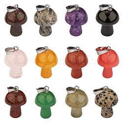 12 Stück Edelstein-Pilz-Charm-Anhänger Kristallpilz-Naturstein-Anhänger gemischte Farbe für Schmuck-Halsketten-Ohrring-Bastelarbeiten, Mischfarbe, 22.5x15 mm, Bohrung: 3.5 mm