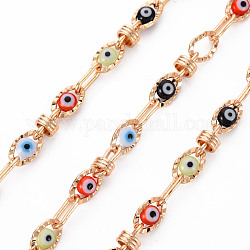 Handmade Brass Chains, with Enamel Acrylic Beads, Soldered, with Spool, Evil Eye, Textured, Real 18K Gold Plated, Colorful, 9x4x1mm and 9x5x5mm, about 16.4 Feet(5m)/roll