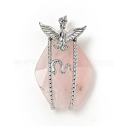 Natural Rose Quartz Pendants, Teardrop Charm, with Stainless Steel Color Plated 304 Stainless Steel  Bird & Snake Findings and Jump Ring, 37.5x23x10mm, Jump Ring: 4x0.7mm, Inner diameter: 2.6mm