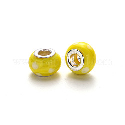 Perles européennes vernissées manuelles, perles de rondelle avec grand trou , en laiton de tonalité de platine noyaux doubles, avec motif à points blancs, jaune, 14~16x9~10mm, Trou: 5mm