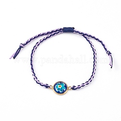 Bracelets réglables en perles tressées en fil de nylon bicolore, avec des maillons en verre millefiori, plat et circulaire avec fleur, or, lilas, diamètre intérieur: 3/4~3-1/8 pouce (2~8 cm)