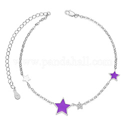 SHEGRACE 925 Sterling Silver Link Anklets, with Grade AAA Cubic Zirconia and Epoxy Resin, Star, Purple, 8-1/4 inch(21cm)