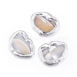 Perle di guscio, con accessori di ottone, pepite, colore argento placcato, 17~19x19~23x3~5mm, Foro: 0.7 mm