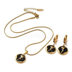Parure de bijoux en acier inoxydable fleur dorée 304 avec émail, boucles d'oreilles pendantes et collier pendentif, noir, colliers : 402 mm ; boucle d'oreille: 33x16mm