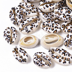 Cuentas de concha de cowrie natural impresa, sin agujero / sin perforar, con el patrón de la impresión del leopardo, blanco, 18~21x12~15x7mm