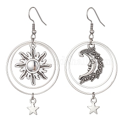 Tibetan Style Alloy Sun & Moon & Star Asymmetrical Earrings, Brass Ring Drop Earrings with 304 Stainless Steel Pins, Antique Silver, 70x35mm