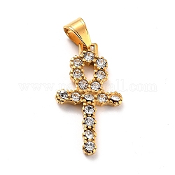 Ion Plating(IP) 304 Stainless Steel Pendants, with Rhinestone, Cross, Religion, Golden, 37x20.5x3.2mm, Hole: 5x8mm