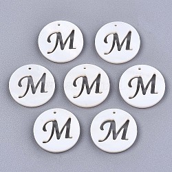 Natural Freshwater Shell Charms, Flat Round with Hollow Out Letter, Letter.M, 14.5x1.5mm, Hole: 0.9mm