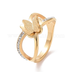 Diamante de imitación de cristal entrecruzado con anillo de dedo de mariposa, chapado en iones (ip) 304 joyería de acero inoxidable para mujer, dorado, nosotros tamaño 7 (17.3 mm)