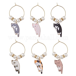 Alloy Enamel Wine Glass Charms, with Glass Seed Beads and Brass 
Hoops, Cat, Mixed Color, 56mm, 6pcs/set