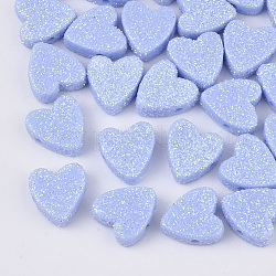 Abalorios acrílicos opacos, con polvo del brillo, corazón, luz azul cielo, 13.5x13x5mm, agujero: 1.5 mm
