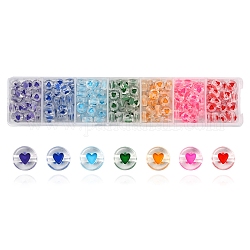 7 Farben transparente Acrylperlen, flach rund mit Herz, Mischfarbe, 7x4 mm, Bohrung: 1.5 mm, 35~38 Stk. je Farbe