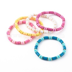 Handgefertigte Stretch-Armbänder aus Polymer Clay Heishi Perlen, mit Messing-Perlen, golden, Mischfarbe, Innendurchmesser: 2-1/4 Zoll (5.6 cm)