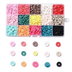 150g 15 couleurs perles en pâte polymère faites à la main, perles heishi, pour les fournitures de bricolage bijoux artisanat, disque / plat rond, couleur mixte, 6x1mm, Trou: 2mm, 10 g / couleur