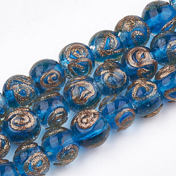 Perline murano con sabbia d'oro fatto a mano, tondo, dodger blu, 10~11x9~9.5mm, Foro: 1.5~2 mm