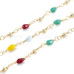 Brass Handmade Beaded Chains, with Colorful Glass Beads, Faceted, Long-Lasting Plated, with Spool, Unwelded, Light Gold, bead: 12x3mm, glass bead: 13x3.5mm, 32.8 Feet(10m)/roll