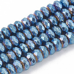 Galvanisieren unmagnetische synthetischen Hämatitkornen Stränge, facettiert, Rondell, in Blau Plattiert, 4x2 mm, Bohrung: 1 mm, ca. 170 Stk. / Strang, 15.7 Zoll