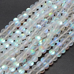 Pietre moon sintetiche perline fili, perle olografiche, metà di colore ab placcato, smerigliato, tondo, bianco, 6mm, Foro: 1 mm, circa 60pcs/filo, 15 pollice