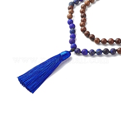 Tassel Pendant Necklace, Round Natural Frosted Lapis Lazuli & Scentedros wood Beads Necklace, 108 Prayer Beads Necklace, 41.73 inch(106cm)