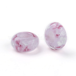 Manuell Murano Glas Perlen, Großloch perlen, Unterlegscheibe mit Blume, rosa, 14x6.5 mm, Bohrung: 6 mm