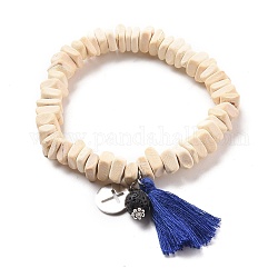 Bracelets extensibles avec breloque, avec des perles de coco, perles de pierre de lave naturelle, 304 breloques en acier inoxydable et pompons en fil de coton, plat et circulaire avec croix, bleu minuit, diamètre intérieur: 2-1/8 pouce (5.4 cm)