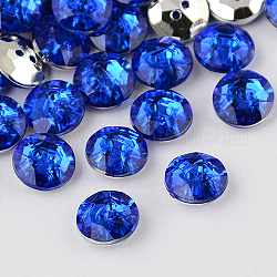 Botones redondos planos del diamante artificial de acrílico de Taiwán de 2-agujero, facetado y plateado plateado hacia atrás, azul, 11.5x4.5mm, agujero: 1 mm